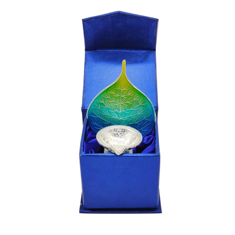 MAA SILVER Pure Silver Diya with Blue Green Colour Enamel Peepal Leaf Design BIS Hallmarked Perfect for Gift and Pooja Use 925 Purity15 Grams Silver - Image 5
