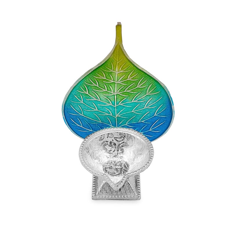 MAA SILVER Pure Silver Diya with Blue Green Colour Enamel Peepal Leaf Design BIS Hallmarked Perfect for Gift and Pooja Use 925 Purity15 Grams Silver - Image 4