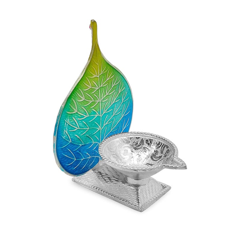 MAA SILVER Pure Silver Diya with Blue Green Colour Enamel Peepal Leaf Design BIS Hallmarked Perfect for Gift and Pooja Use 925 Purity15 Grams Silver - Image 3