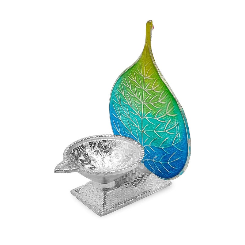 MAA SILVER Pure Silver Diya with Blue Green Colour Enamel Peepal Leaf Design BIS Hallmarked Perfect for Gift and Pooja Use 925 Purity15 Grams Silver - Image 2