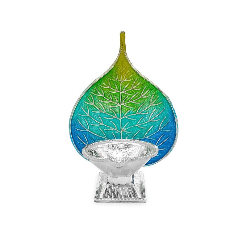 MAA SILVER Pure Silver Diya with Blue Green Colour Enamel Peepal Leaf Design BIS Hallmarked Perfect for Gift and Pooja Use 925 Purity15 Grams Silver - Image 1