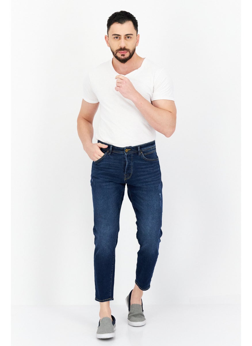 Selected Homme Men Relaxed Fit Stretchable Washed Cropped Denim Jeans, Blue  - Image 3