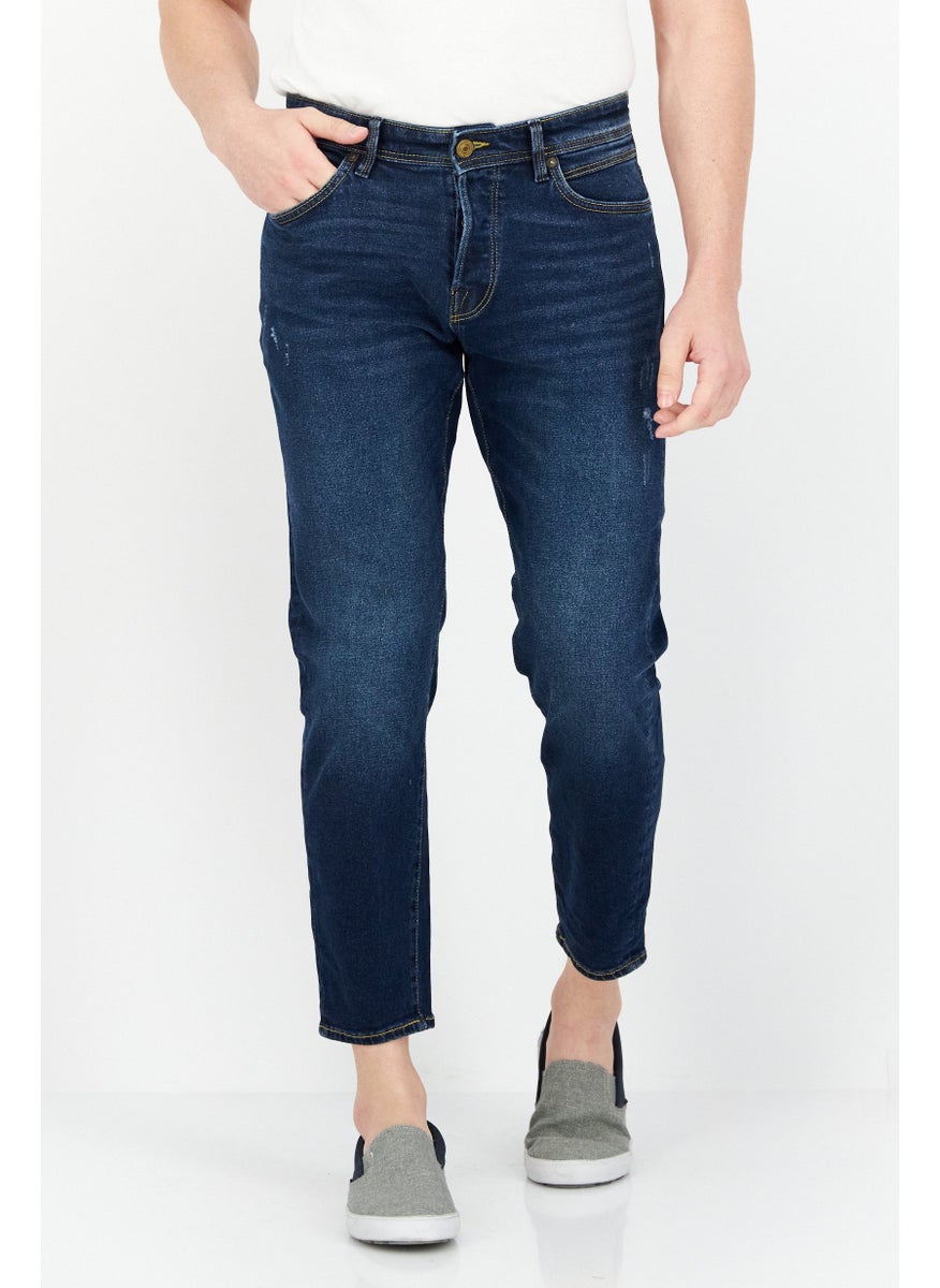 Selected Homme Men Relaxed Fit Stretchable Washed Cropped Denim Jeans, Blue  - Image 1
