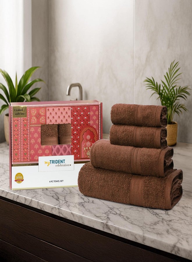 MYTRIDENT Celebration Towels for Bath Large Size, 4 PC Towel Set, 1 Bath, 1 Small Bath, 2 Hand, Cafe Noir - Image 1