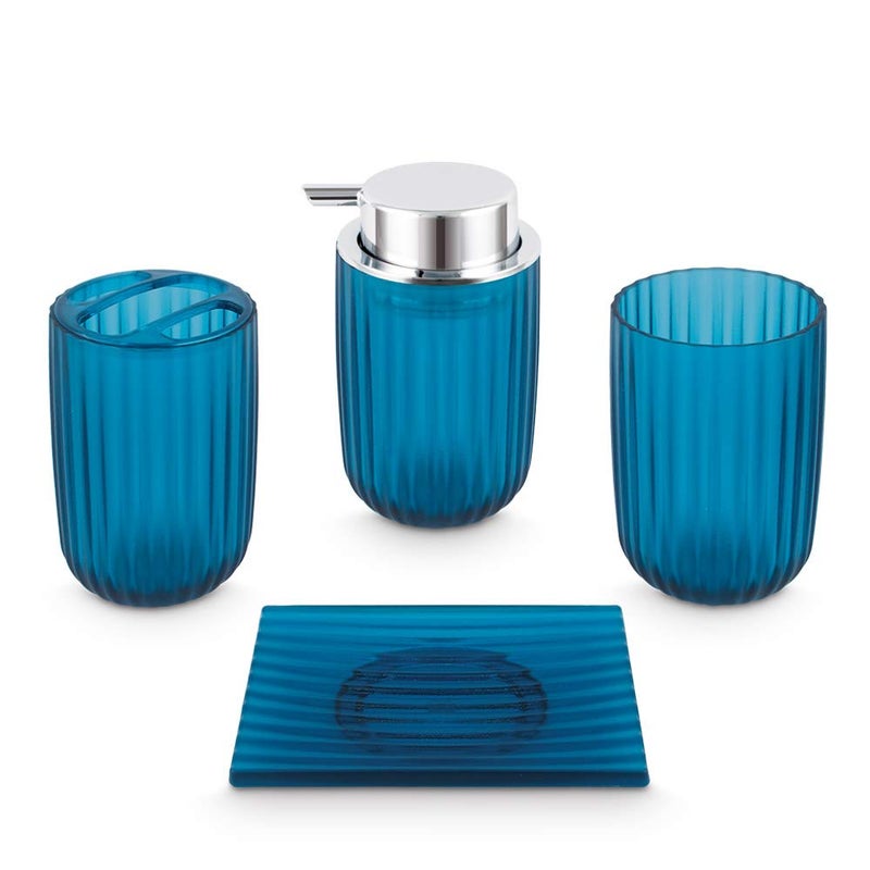 Freelance Oasis 4 Pieces Bathroom Set-Dispenser, Toothbrush Holder, Tumbler & Soap Dish, Blue