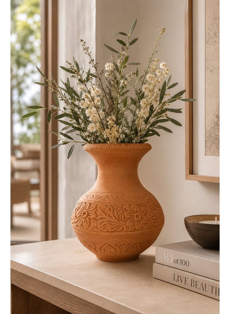 bilutih Terracotta Ceramic Decorative Vase with Embossed Floral & Geometric Patterns – Rustic / Boho Home Décor Vase – Perfect for Living Room, Entry Table & Shelves - Image 1