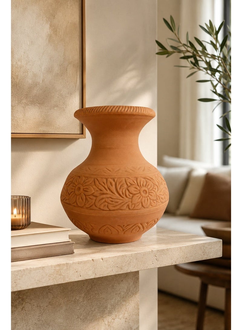 bilutih Terracotta Ceramic Decorative Vase with Embossed Floral & Geometric Patterns – Rustic / Boho Home Décor Vase – Perfect for Living Room, Entry Table & Shelves - Image 2