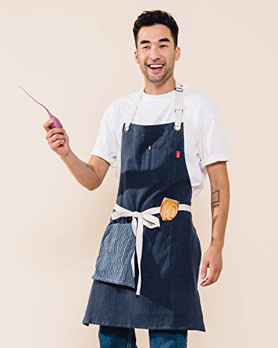 Caldo Linen Kitchen Apron for Cooking- Mens and Womens Linen Bib Apron for Professional Chef, Server, or Barista- Adjustable with Pockets (Navy) - Image 4