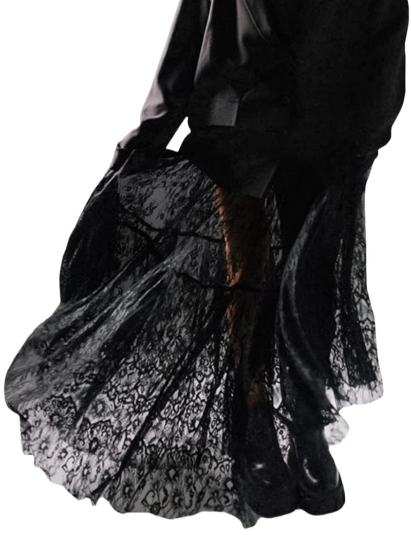 Perbai Women's Sexy Sheer Lace Skirt High Waisted Floral Embroidered Ruffled A Line Long Maxi Beach Skirts(Black-M) - Image 1