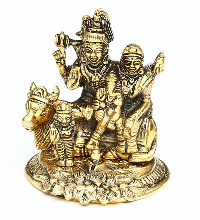 CHHARIYA CRAFTS Metal Shiv Parivar/Shiva Parvati and Ganesha and Kartik Idol Lord Shiva Sitting On Nandi Decorative Showpiece - 10 cm (Metal, Gold) - Image 3