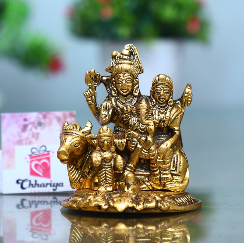 CHHARIYA CRAFTS Metal Shiv Parivar/Shiva Parvati and Ganesha and Kartik Idol Lord Shiva Sitting On Nandi Decorative Showpiece - 10 cm (Metal, Gold) - Image 5