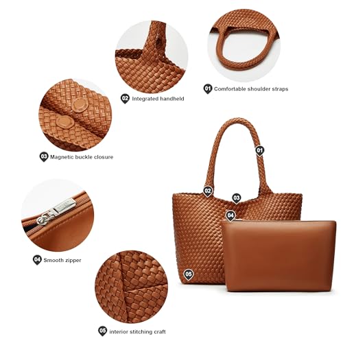 Sumrains Woven Bags for Women Tote Purse: Vegan Leather Shoulder Handbags - Fashion Beach Tote Bags - Large Travel Totes Handwoven Satchel for Holidays (Brown) - Image 4