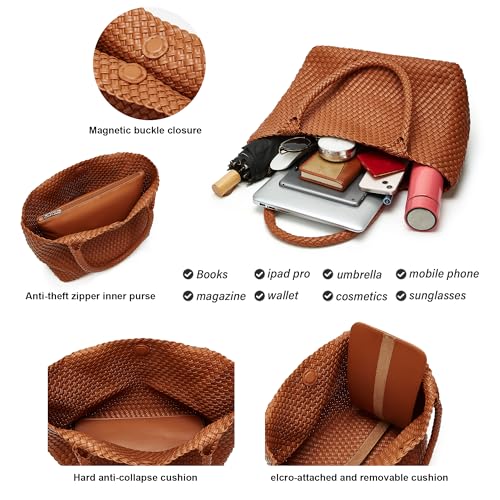 Sumrains Woven Bags for Women Tote Purse: Vegan Leather Shoulder Handbags - Fashion Beach Tote Bags - Large Travel Totes Handwoven Satchel for Holidays (Brown) - Image 3
