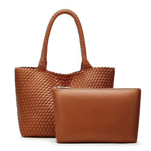 Sumrains Woven Bags for Women Tote Purse: Vegan Leather Shoulder Handbags - Fashion Beach Tote Bags - Large Travel Totes Handwoven Satchel for Holidays (Brown) - Image 1