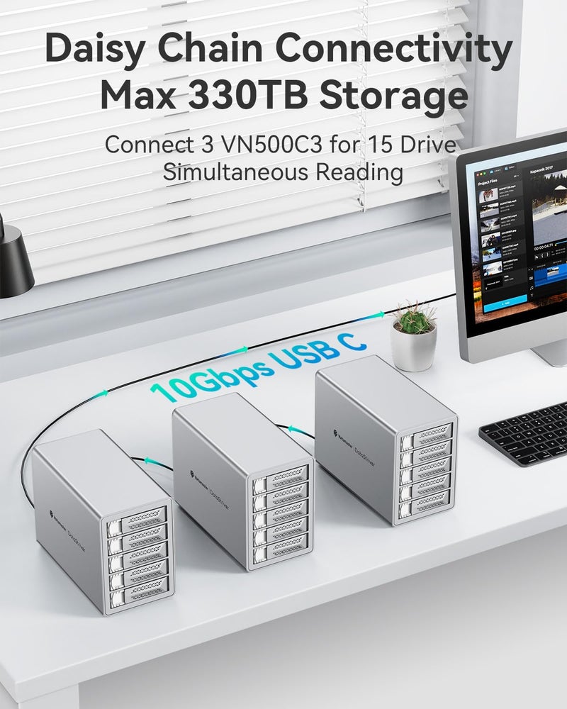 Yottamaster 5 Bay Hard Drive Enclosure, 10Gbps Daisy-Chain 5 Bay DAS, Aluminum USB C DAS Enclosure Support 110TB (5x22TB), Max Up to 330TB for 2.5" & 3.5" SATA HDD/SSD (Diskless) VN500C3 - Image 3