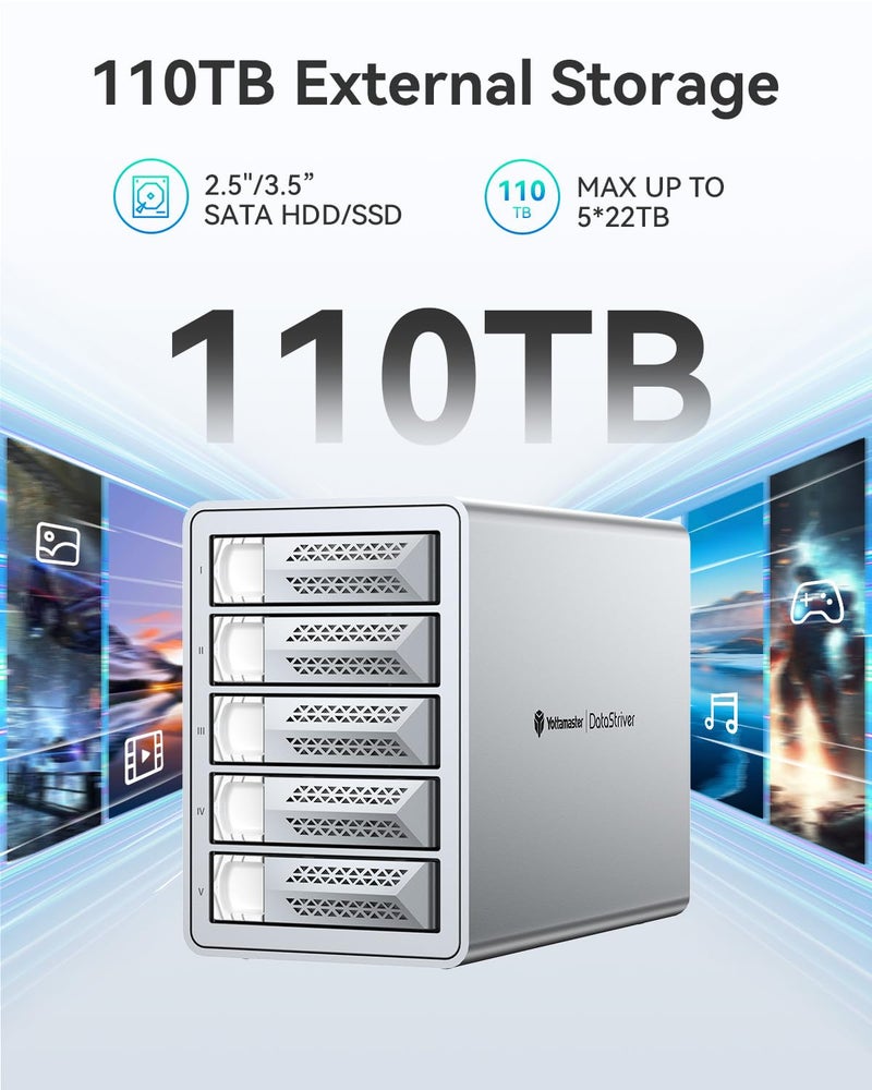 Yottamaster 5 Bay Hard Drive Enclosure, 10Gbps Daisy-Chain 5 Bay DAS, Aluminum USB C DAS Enclosure Support 110TB (5x22TB), Max Up to 330TB for 2.5" & 3.5" SATA HDD/SSD (Diskless) VN500C3 - Image 2
