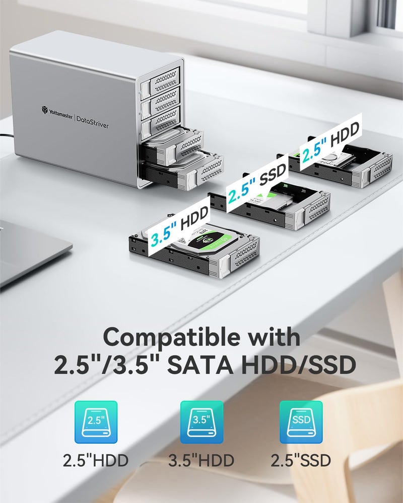 Yottamaster 5 Bay Hard Drive Enclosure, 10Gbps Daisy-Chain 5 Bay DAS, Aluminum USB C DAS Enclosure Support 110TB (5x22TB), Max Up to 330TB for 2.5" & 3.5" SATA HDD/SSD (Diskless) VN500C3 - Image 5