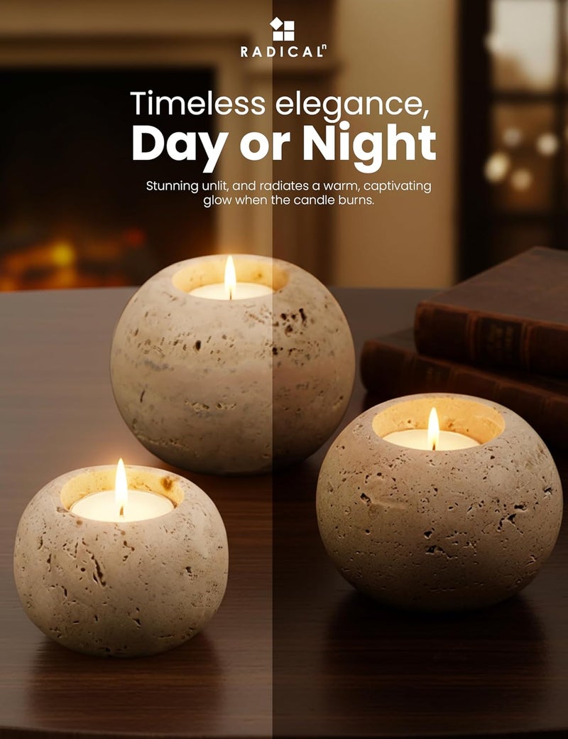 RADICALn Affordable purchase options Premium Handmade Travertine Marble Tealight Candle Holder Set of 3 – 4 Inch Natural Stone Votive Candle Stands for Home Decor, Table Centerpiece & Elegant Ambience Land transit & shipment compatible - Image 4