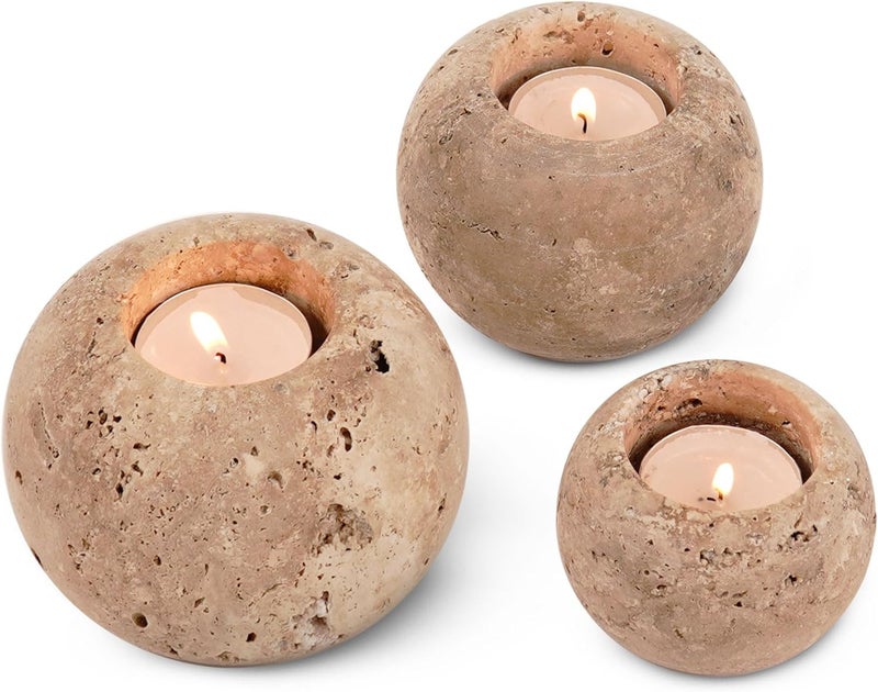 RADICALn Affordable purchase options Premium Handmade Travertine Marble Tealight Candle Holder Set of 3 – 4 Inch Natural Stone Votive Candle Stands for Home Decor, Table Centerpiece & Elegant Ambience Land transit & shipment compatible - Image 1