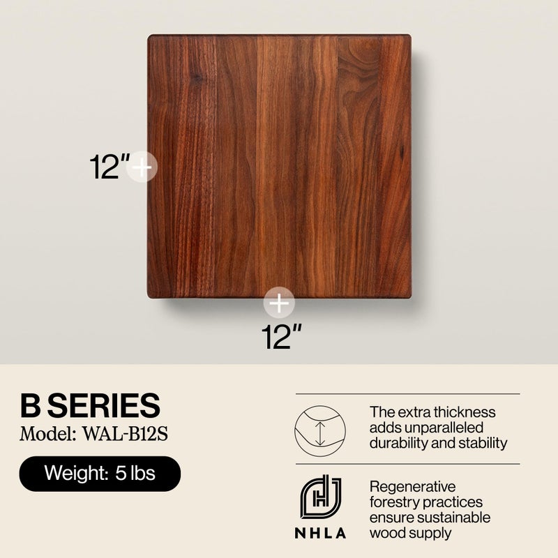 John Boos B Series Square Wooden Walnut Cutting Board 12â€x12â€ â€“ 1.5â€ Thick, 5-lb Non-Reversible Butcher Block with Wood Bun Feet & Edge-Grain - Image 2