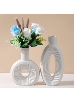 Oayao White Hollow Ceramic Flower Vase Set Of 2 | Pampas Vases For Modern Farmhouse Living Room Home Decor | Bookshelf Dining Coffee Table Shelves Tv Stand Dresser Entryway Décor