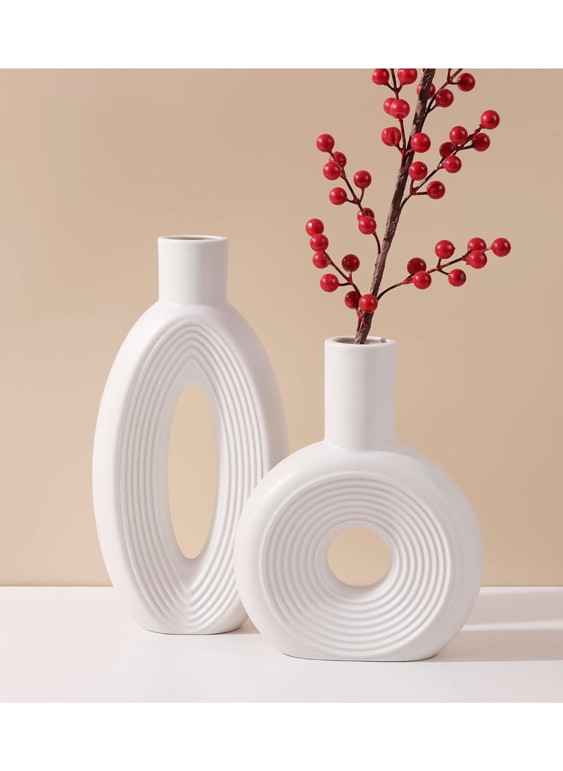 Generic - Oayao White Hollow Ceramic Flower Vase Set Of 2 | Pampas Vases For Modern Farmhouse Living Room Home Decor | Bookshelf Dining Coffee Table Shelves Tv Stand Dresser Entryway Décor - Image 1