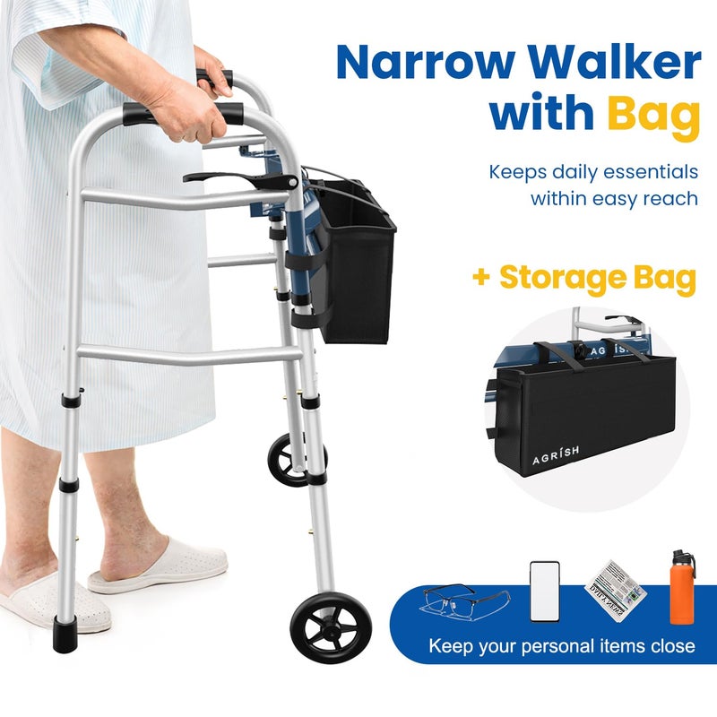 Agrish Narrow Walkers with Storage Bag - Width Height Adjustable Walker, Lightweight Folding Walkers, Walkers for Seniors Handicapped & Disabled, Up to 350 lbs, Black - Image 4