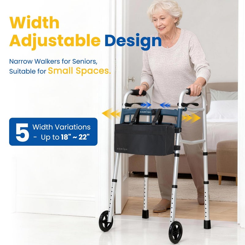 Agrish Narrow Walkers with Storage Bag - Width Height Adjustable Walker, Lightweight Folding Walkers, Walkers for Seniors Handicapped & Disabled, Up to 350 lbs, Black - Image 2