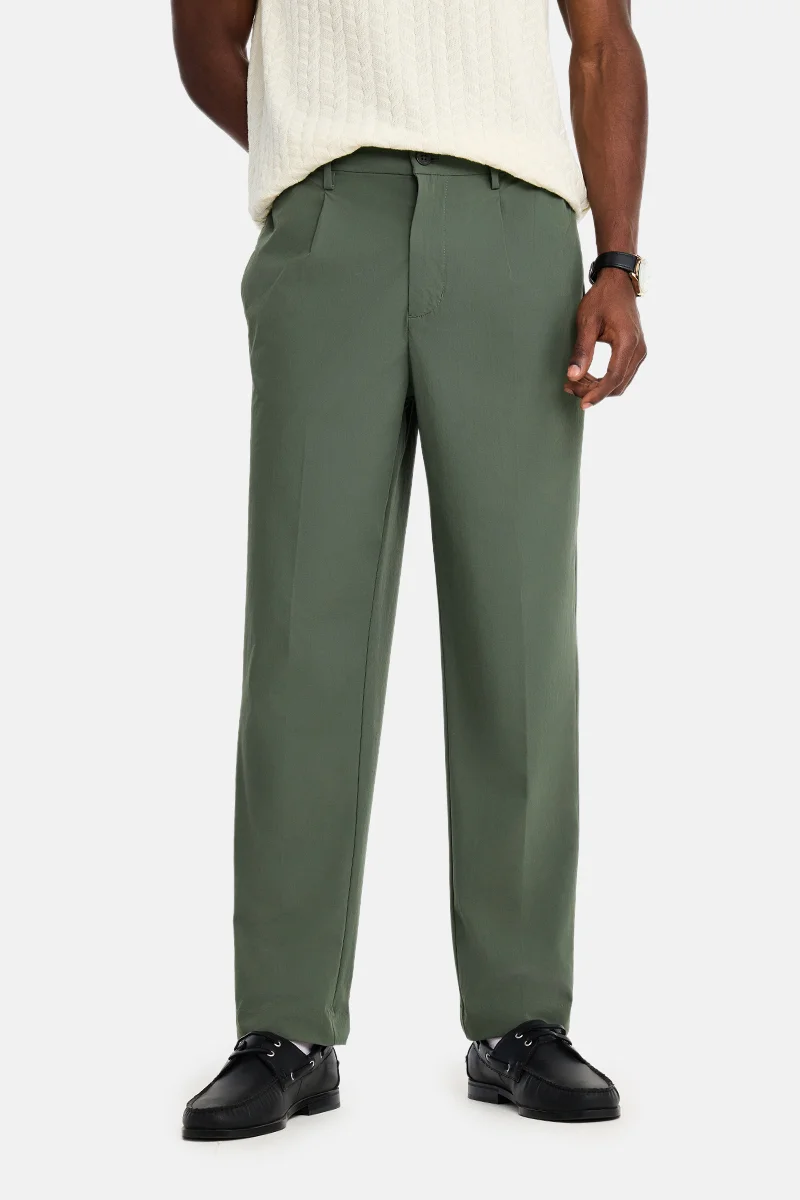 SNITCH Olive Solid Relaxed Casual Trousers