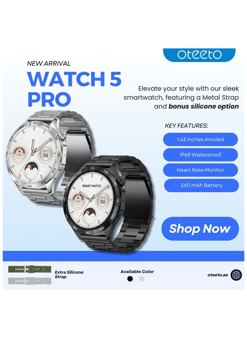 Oteeto Oteeto Watch 5 pro  1.43 Inch AMOLED Display Smart watch With 2 Pair Strap and Wireless Charger For Men's  - Image 2