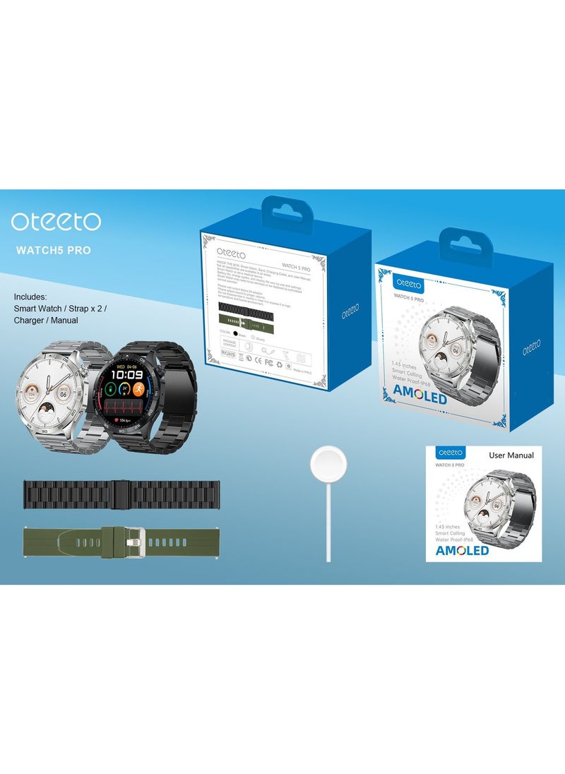 Oteeto Oteeto Watch 5 pro  1.43 Inch AMOLED Display Smart watch With 2 Pair Strap and Wireless Charger For Men's  - Image 4