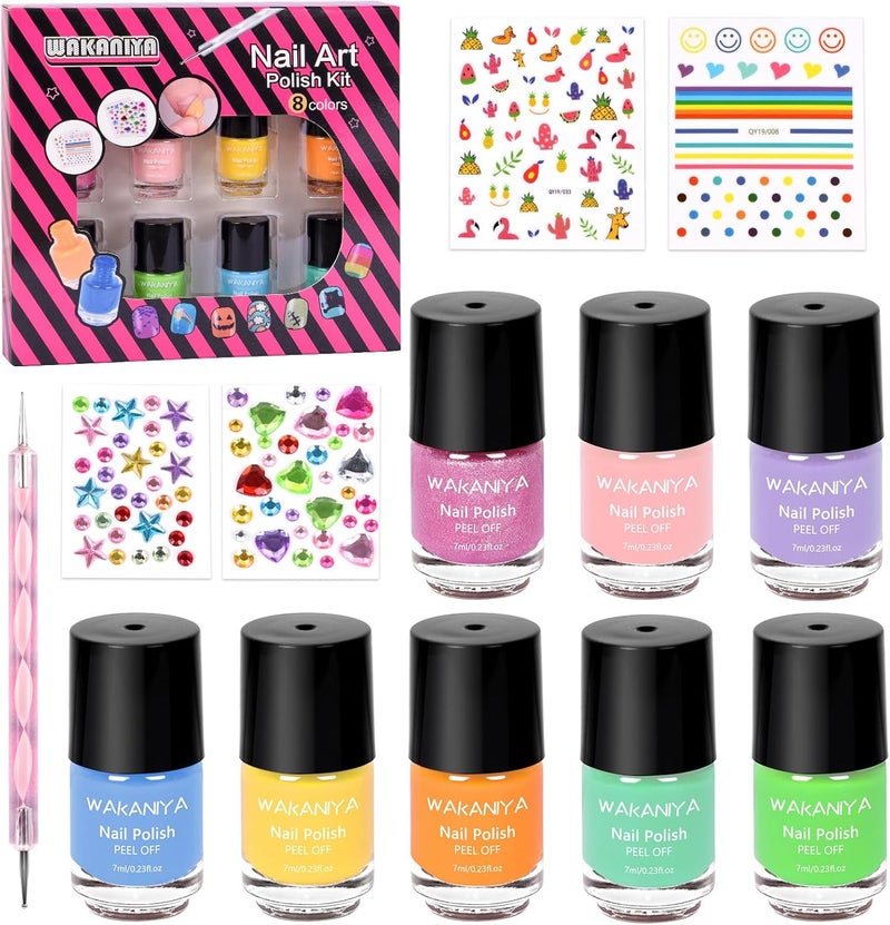 wakaniya Kids Nail Polish Set for Girls 8 Rainbow Colors Non Toxic Quick Drying Water Base Nail Polish with Diamond Stickers Low Odor Peel Off Mini Nail Varnish Kit for Kids Toddlers 3