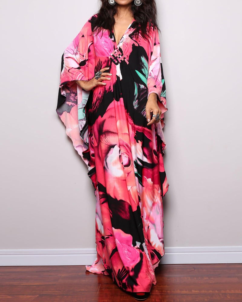 Bsubseach Women Ethnic Print Kaftan Beach Dress Plus Size Swimsuit Cover Up Rose Red Floral - Image 2