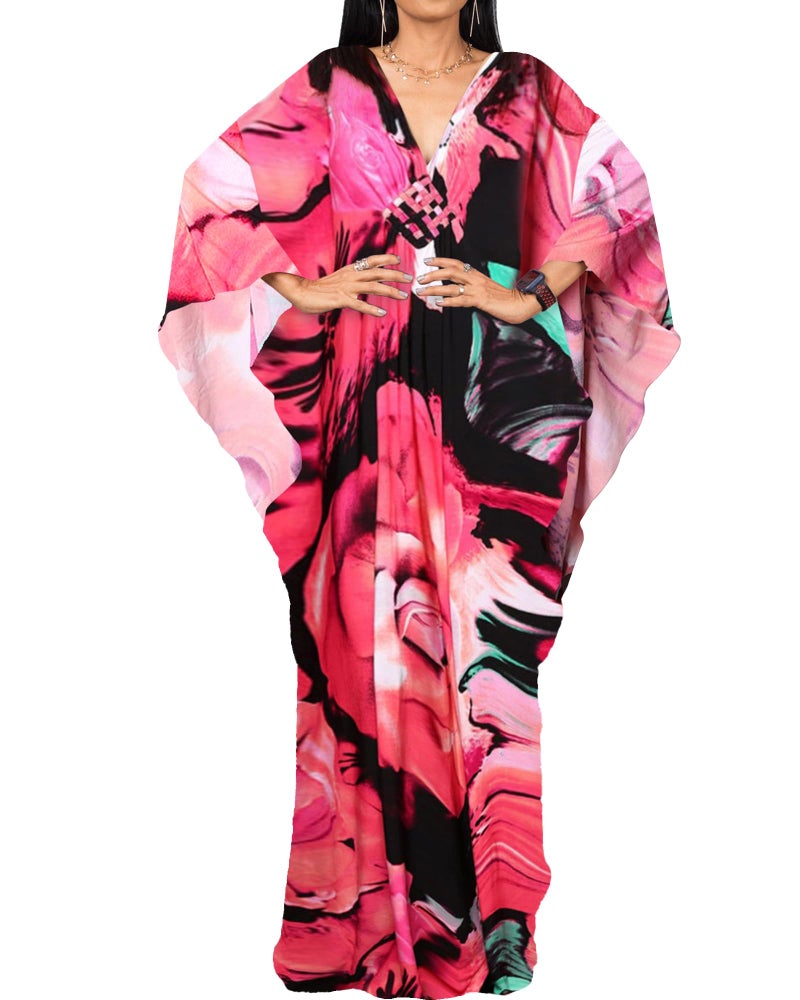 Bsubseach Women Ethnic Print Kaftan Beach Dress Plus Size Swimsuit Cover Up Rose Red Floral - Image 1