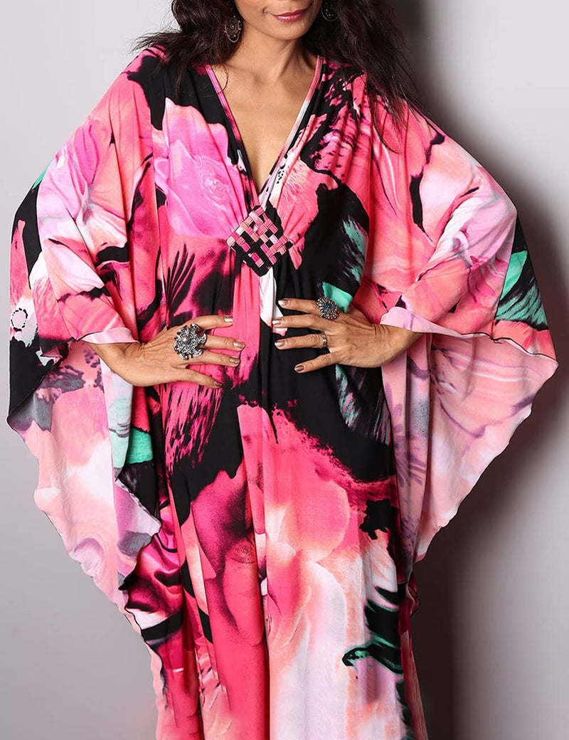 Bsubseach Women Ethnic Print Kaftan Beach Dress Plus Size Swimsuit Cover Up Rose Red Floral - Image 4