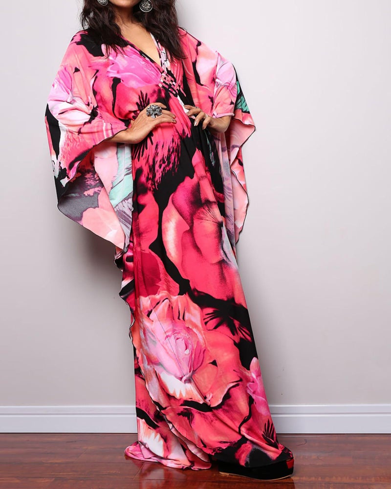 Bsubseach Women Ethnic Print Kaftan Beach Dress Plus Size Swimsuit Cover Up Rose Red Floral - Image 3