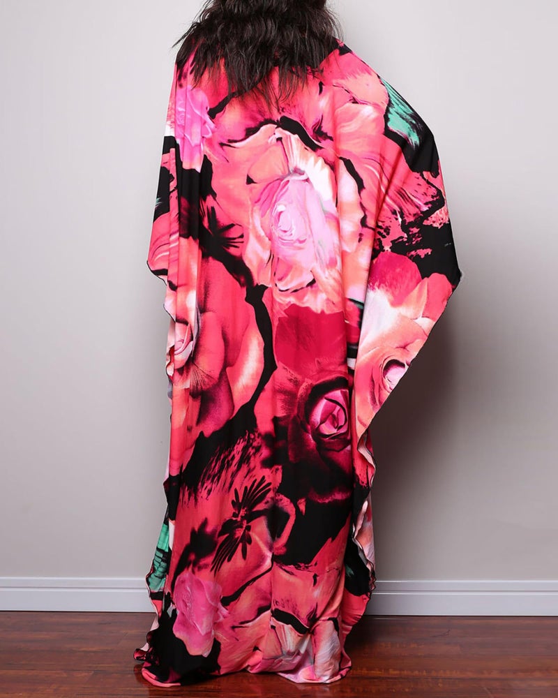 Bsubseach Women Ethnic Print Kaftan Beach Dress Plus Size Swimsuit Cover Up Rose Red Floral - Image 5
