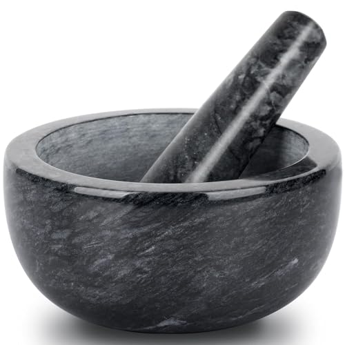 Tera Marble Mortar and Pestle Set Large Solid Stone Grinder Spice Herb Grinder Pill Crusher (Black, Diameter 5.5") - Image 1