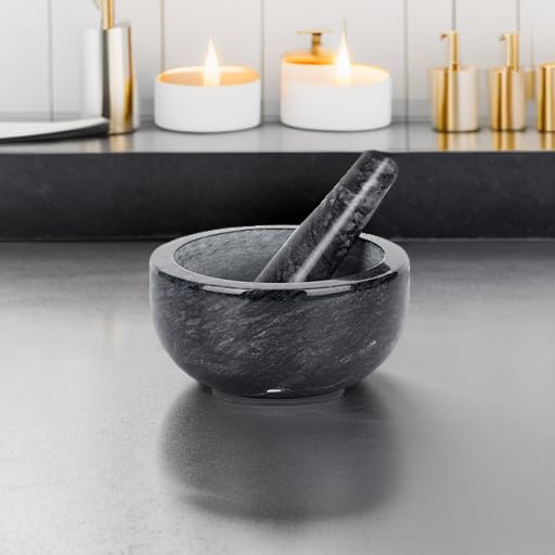 Tera Marble Mortar and Pestle Set Large Solid Stone Grinder Spice Herb Grinder Pill Crusher (Black, Diameter 5.5") - Image 5