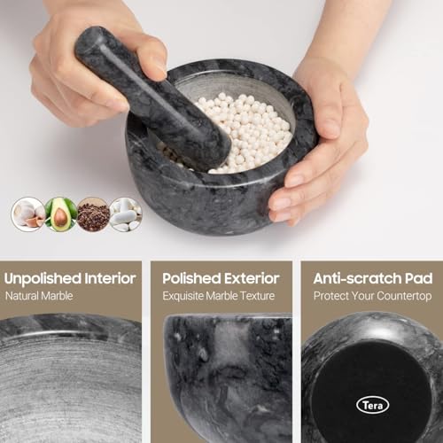Tera Marble Mortar and Pestle Set Large Solid Stone Grinder Spice Herb Grinder Pill Crusher (Black, Diameter 5.5") - Image 4