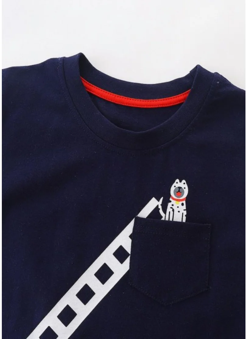 يونيكي Navy Blue Self Design Solid Round Neck Cotton T-shirt