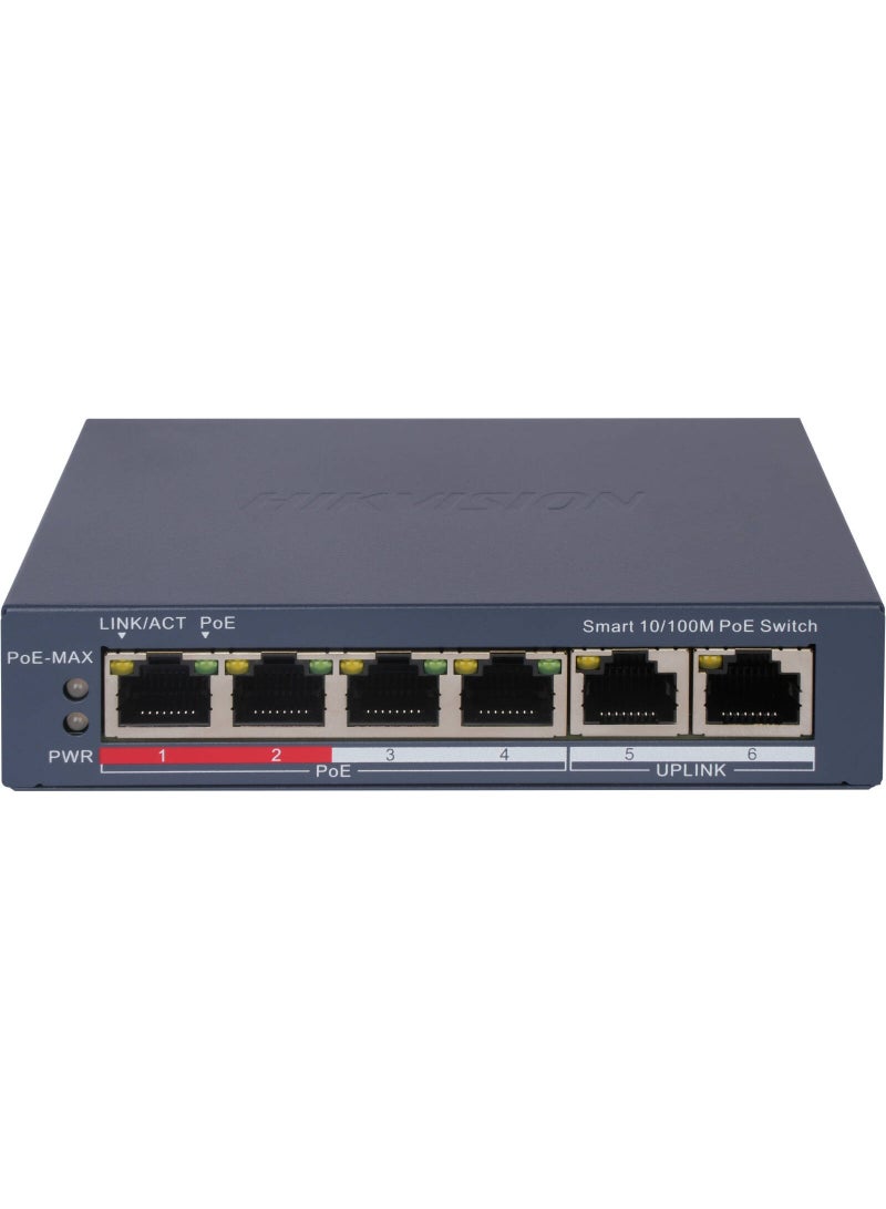 DS-3E1106P-EI مفتاح شبكة PoE ذكي 6 منافذ – 4 منافذ PoE بقوة 30 واط لكل منها، 2 منفذ رفع، VLAN، STP، تجميع الروابط، مراقبة PoE، إدارة عبر الويب وHik-Central Pro