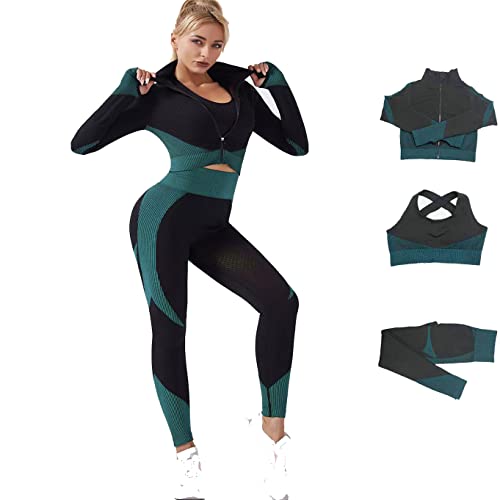 Veriliss 3pcs Seamless Workout Outfit Sets for Women, Gym Clothes Yoga Sportswear Leggings and Stretch Sports Bra Gym jumpsuits Clothes Set (FinchBlue,S) - Image 3
