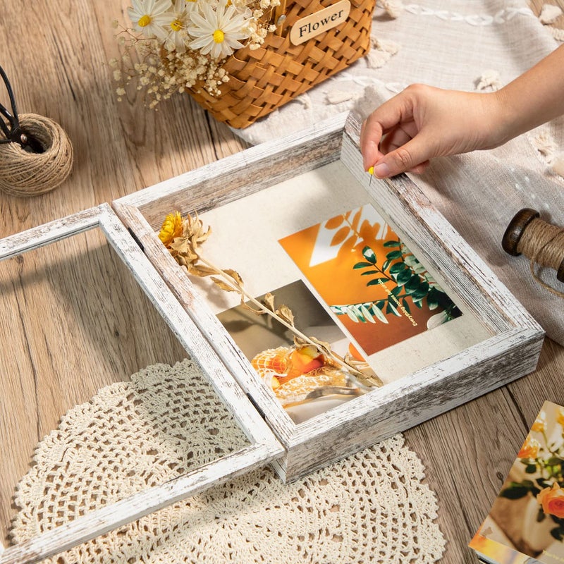 Califortree 8x10 Shadow Box Frame with Linen Back - Real Glass, Push Pins Included, Sturdy Rustic Memory Display Case, Fits 6.8x8.8 Inserts, Distressed White - Image 4