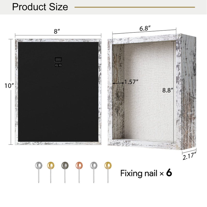 Califortree 8x10 Shadow Box Frame with Linen Back - Real Glass, Push Pins Included, Sturdy Rustic Memory Display Case, Fits 6.8x8.8 Inserts, Distressed White - Image 2