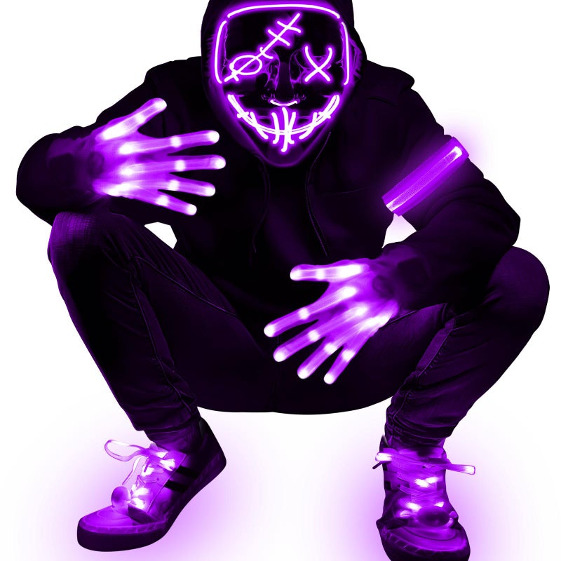 AMENON AMENON 4 Set Halloween LED Mask Light Up Gloves Shoelaces Armbands Light Up Scary Mask Halloween Costume Cosplay Party for Adult Kid 