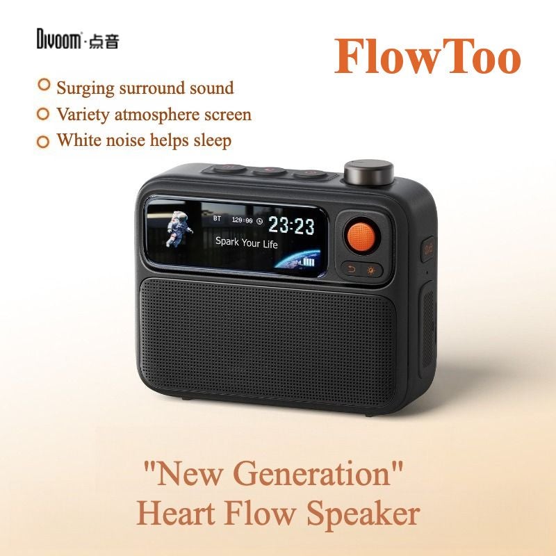 Divoom Flowtoo White Noise Machine with Screen Display, Bluetooth Speaker, Alarm Clock, Waterproof for Outdoors and Gifting, Black - Image 1