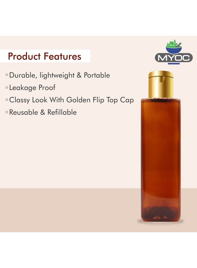 ميوك زجاجة بلاستيكية فارغة مربعة الشكل من العنبر مع غطاء ذهبي قابل لإعادة التعبئة وإعادة الاستخدام لحاوية مستحضرات التجميل لوشن شامبو زيت تونر مصل خالية من مادة BPA مقاومة للتسرب - 200 مل (عبوة من 6 قطع) - Image 2