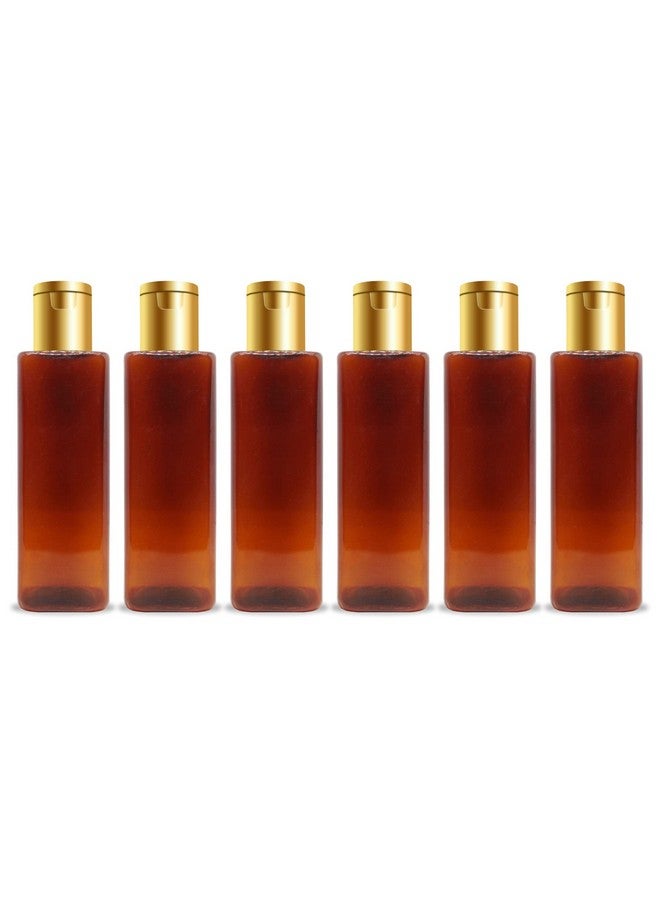 ميوك زجاجة بلاستيكية فارغة مربعة الشكل من العنبر مع غطاء ذهبي قابل لإعادة التعبئة وإعادة الاستخدام لحاوية مستحضرات التجميل لوشن شامبو زيت تونر مصل خالية من مادة BPA مقاومة للتسرب - 200 مل (عبوة من 6 قطع) - Image 1