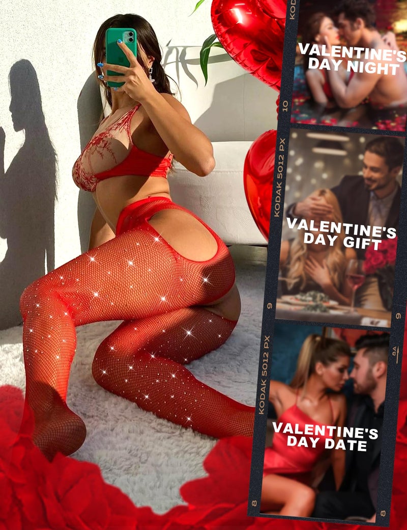 RSLOVE Fishnet Stockings Rhinestone High Waist Tights Pantyhose Women's Sexy Sparkle Stockings Red - Image 5